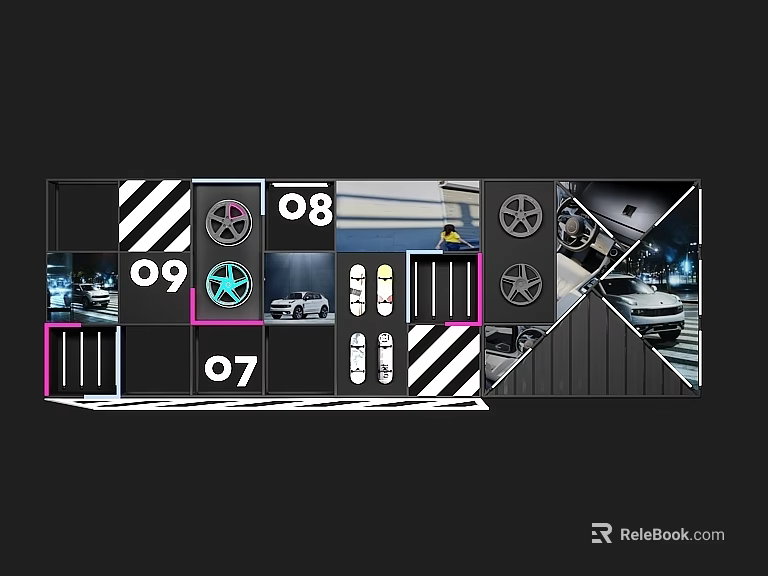 Creative Background Wall Design With Numbers Black White Stripes Star Icons And Car 3d model 