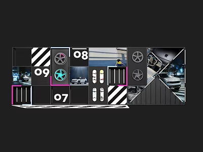 Creative Background Wall Design With Numbers Black White Stripes Star Icons And Car 3d model