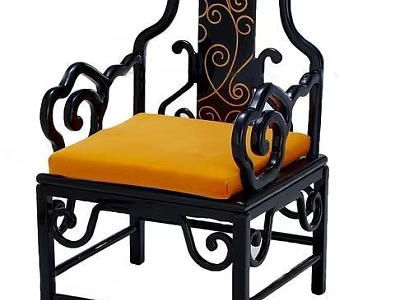 Elegant Black Frame Armchair With Yellow Cushioned Seat And Ornate Scroll Design 3d model