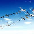 Various Types of Airplanes Flying in Clear Blue Sky with Clouds