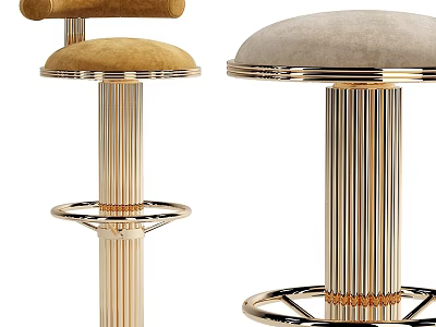 Elegant Modern Bar Stools With Gold Fluted Columns And Beige Light Gray Upholstered Seats 3d model