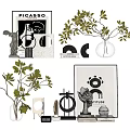 Modern Artistic Decorative Ornament Set With Green Foliage Vases Sculptures Geometric Ornaments And Artworks