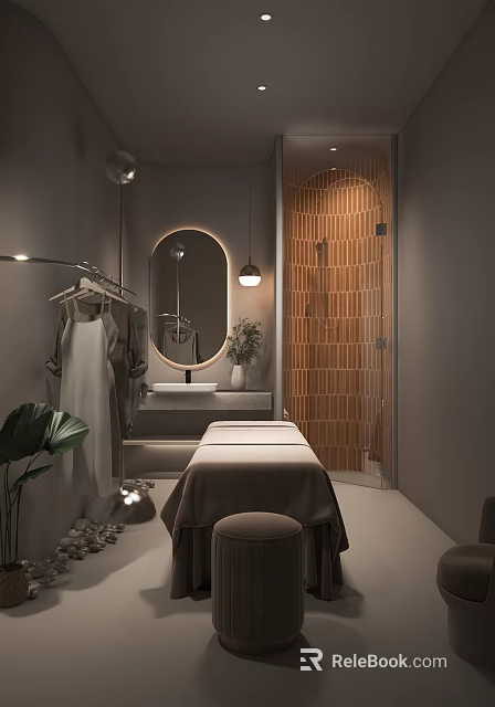Serene SPA Sauna Space With Massage Bed Round Mirror Wooden Wall And Green Plant 3d model 