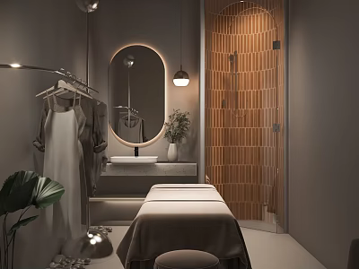 Serene SPA Sauna Space With Massage Bed Round Mirror Wooden Wall And Green Plant 3d model