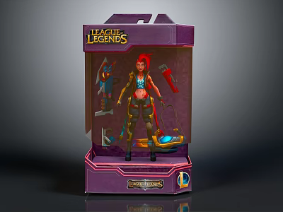 League of Legends Red Hair Doll with Weapons and Accessories in Purple Packaging 3d model