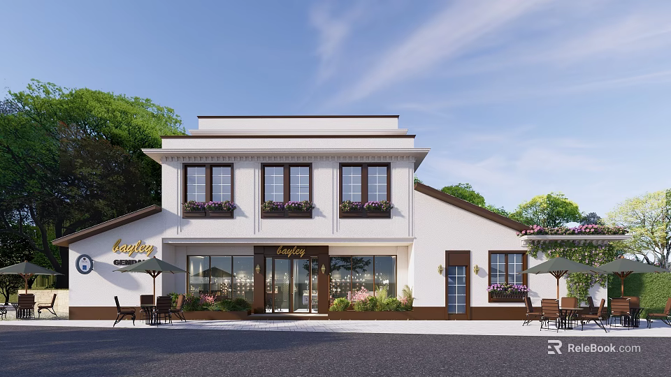 Two Story White Detached Villa With Flower Decorated Windows Entrance Sign Outdoor Seating Green Trees 3d model 