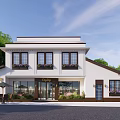 Two Story White Detached Villa With Flower Decorated Windows Entrance Sign Outdoor Seating Green Trees