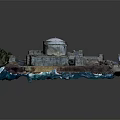 Coastal Industrial Building Complex with Dome Structures Near Ocean Water and Green Vegetation Areas