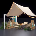 Outdoor Tent Setup With String Lights Dining Table Chairs and Greenery Decoration 3d model