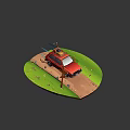 Red Car On Dirt Road With Road Sign Grass Flowers And Roof Luggage