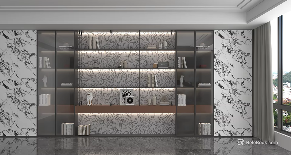 Modern Storage Cabinet Shelving Unit With Glass Doors And LED Lighting In Contemporary Interior 3d model 