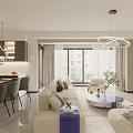 Modern Living Dining Room With White Sofa Round Coffee Table Pendant Lights And Area Rug