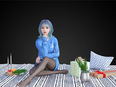 Woman With Blue Green Hair Wearing Blue Polka Dot Sweater On Striped Blanket With Gifts 3d model