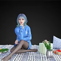 Woman With Blue Green Hair Wearing Blue Polka Dot Sweater On Striped Blanket With Gifts