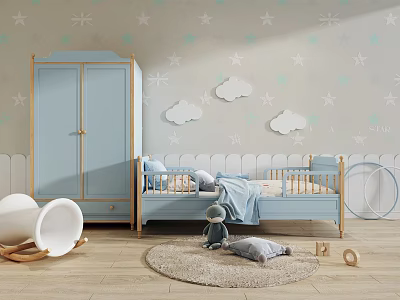 Blue Kids Desk With Star Cloud Wall Decor And Toy Accessories In Bedroom 3d model
