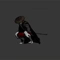 Game Movie Character In Black Red Outfit With Conical Hat Mechanical Armor And Dynamic Stance