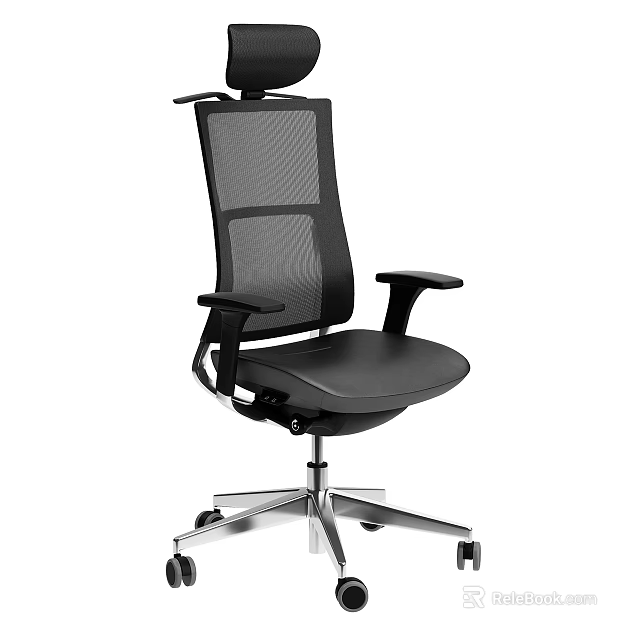 Black Office Chair With Mesh Back Armrests And Silver Five Star Caster Base 3d model 