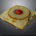 Golden Flaky Baked Square Pastry Topped With Pineapple Slice And Red Cherry