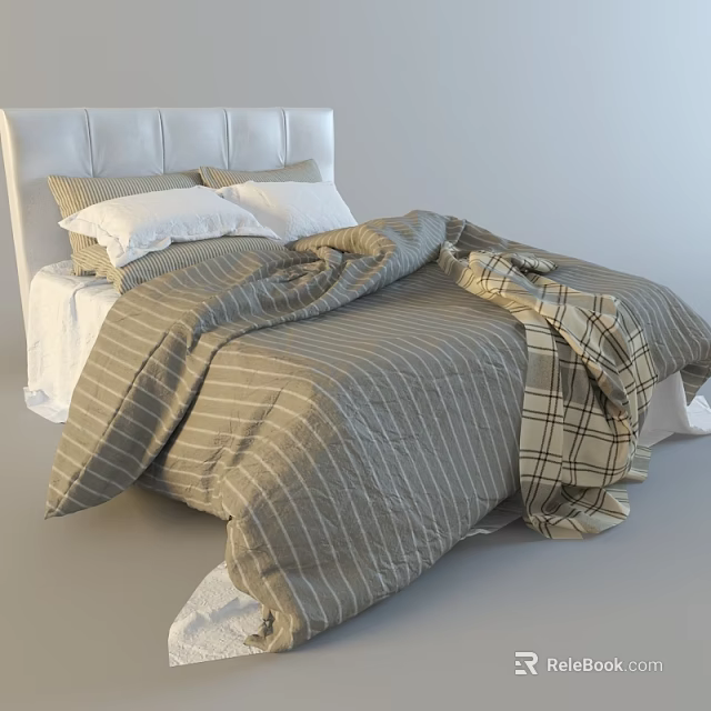 Double Bed with White Padded Headboard Striped Duvet Plaid Blanket and Pillows 3d model 