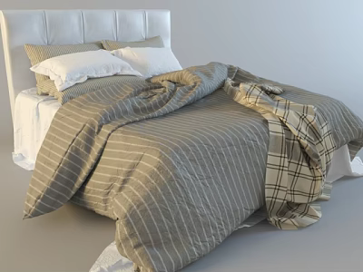 Double Bed with White Padded Headboard Striped Duvet Plaid Blanket and Pillows 3d model