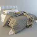 Double Bed with White Padded Headboard Striped Duvet Plaid Blanket and Pillows