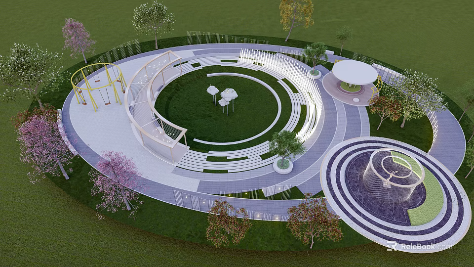 Modern Circular Park Landscape With Green Lawn Walking Paths Benches And Trees 3d model 