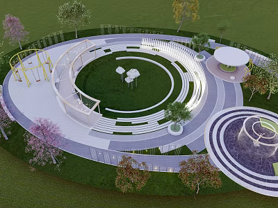 Modern Circular Park Landscape With Green Lawn Walking Paths Benches And Trees 3d model