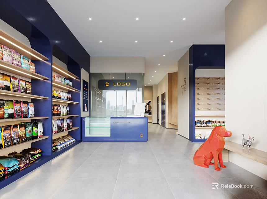 Modern Pet Retail Store in Mall With Shelves Products Blue Counter And Orange Dog Sculpture 3d model 