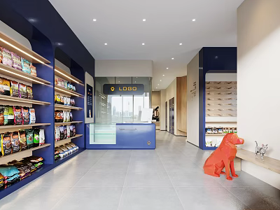 Modern Pet Retail Store in Mall With Shelves Products Blue Counter And Orange Dog Sculpture 3d model