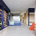 Modern Pet Retail Store in Mall With Shelves Products Blue Counter And Orange Dog Sculpture
