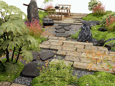 Microtopography Garden Design With Stone Steps Stones Green Plants And Wooden Bench 3d model