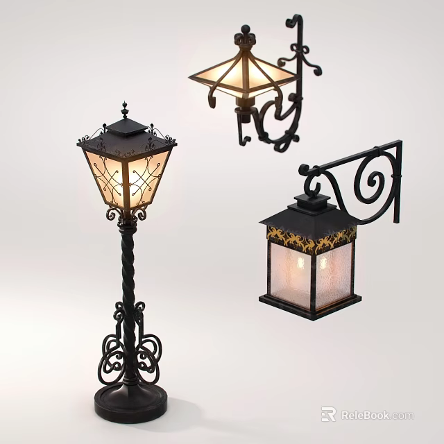 Classic Outdoor Lights With Decorative Metal Frame And Glass Shade Design 3d model 