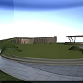 Scenic Park Landscape With Green Lawn Modern Building Walkway Blue Sky And White Clouds