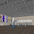 Modern Basketball Gymnasium Interior With Wooden Floor Hoop Lighting And Wall Posters