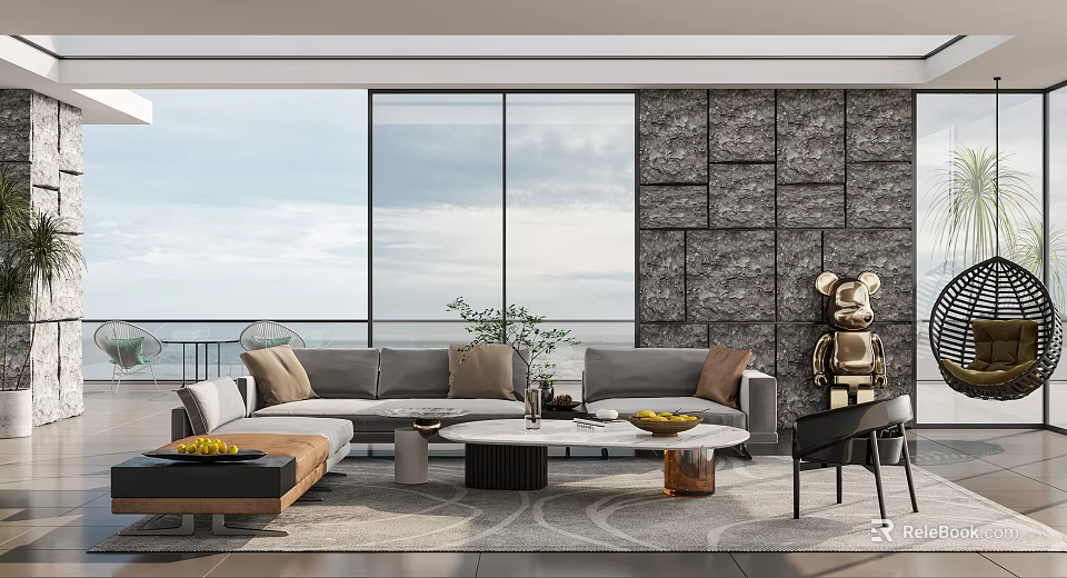 Modern Living Room Interior With Floor to Ceiling Windows Stone Wall Sofa And Coffee Tables 3d model 