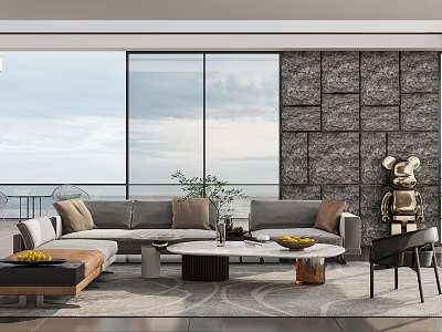 Modern Living Room Interior With Floor to Ceiling Windows Stone Wall Sofa And Coffee Tables 3d model