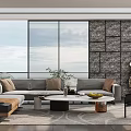 Modern Living Room Interior With Floor to Ceiling Windows Stone Wall Sofa And Coffee Tables