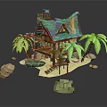 Cartoon Style Tropical Island Scene With Wooden House Blue Roof Palm Trees And Rocks