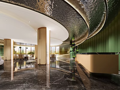 Luxury Modern Hotel Lobby Interior With Curved Ceiling Green Walls And Marble Flooring 3d model