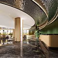 Luxury Modern Hotel Lobby Interior With Curved Ceiling Green Walls And Marble Flooring