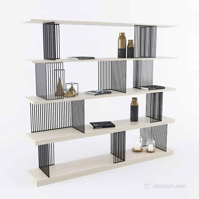 Modern Multi Tier Shelving Unit With Light Wood Shelves Black Vertical Stripes And Decorative Vases 3d model 