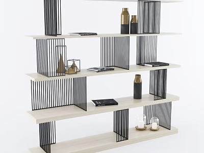 Modern Multi Tier Shelving Unit With Light Wood Shelves Black Vertical Stripes And Decorative Vases 3d model