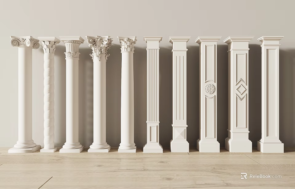 White Roman Columns with Various Intricate Carvings and Styles Arranged in a Row 3d model 