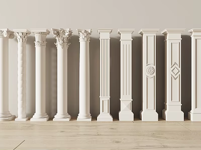 White Roman Columns with Various Intricate Carvings and Styles Arranged in a Row 3d model