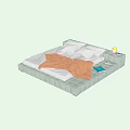 Modern Gray Upholstered Double Bed Design With Multiple Pillows And Soft Blanket