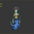 3D Model Of Pirate Mermaid With Black Tricorne Hat White Top And Blue Spotted Tail