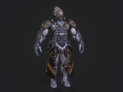Game Movie Character in Mechanical Armor with Silver Black Golden Accents White Hair Futuristic Design 3d model