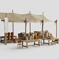 Traditional Outdoor Market Stall with Canvas Tent Wooden Tables and Clay Pots