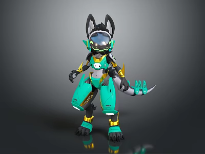 Mechanical Creature Character With Black Green Gold Armor Pointed Ears Futuristic Design Claws And Tail 3d model
