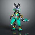 Mechanical Creature Character With Black Green Gold Armor Pointed Ears Futuristic Design Claws And Tail